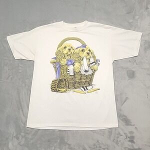 Vintage Single Stitch Shirt Men L White‎ Puppies Basket Graphic Tee Made In USA
